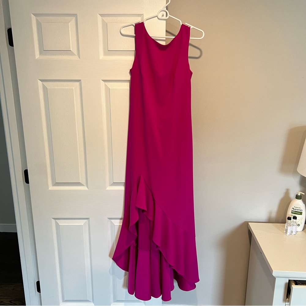 Vince Camuto Crewneck High-Low Ruffle Hem Gown